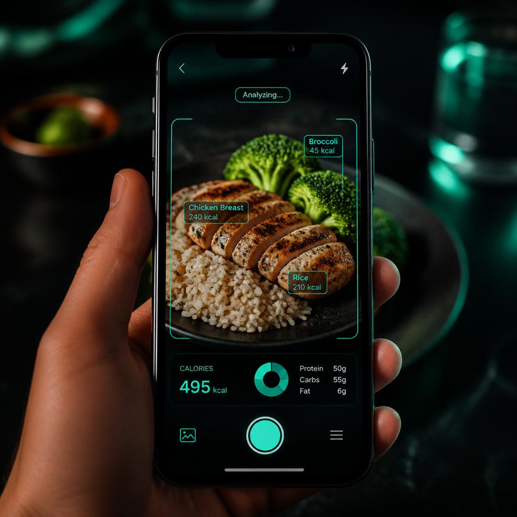 Smartphone fotografando um prato de frango grelhado, arroz e brócolis enquanto o app Isamara Pro identifica cada alimento e exibe calorias, proteínas, carboidratos e gorduras