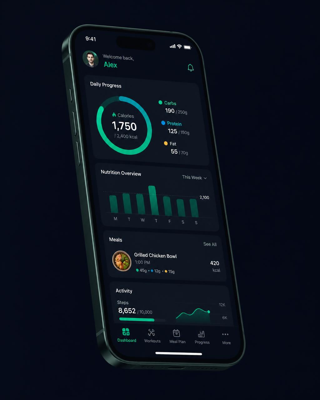 Tela do app Isamara Pro em um smartphone exibindo metas de calorias, macros e treinos do dia